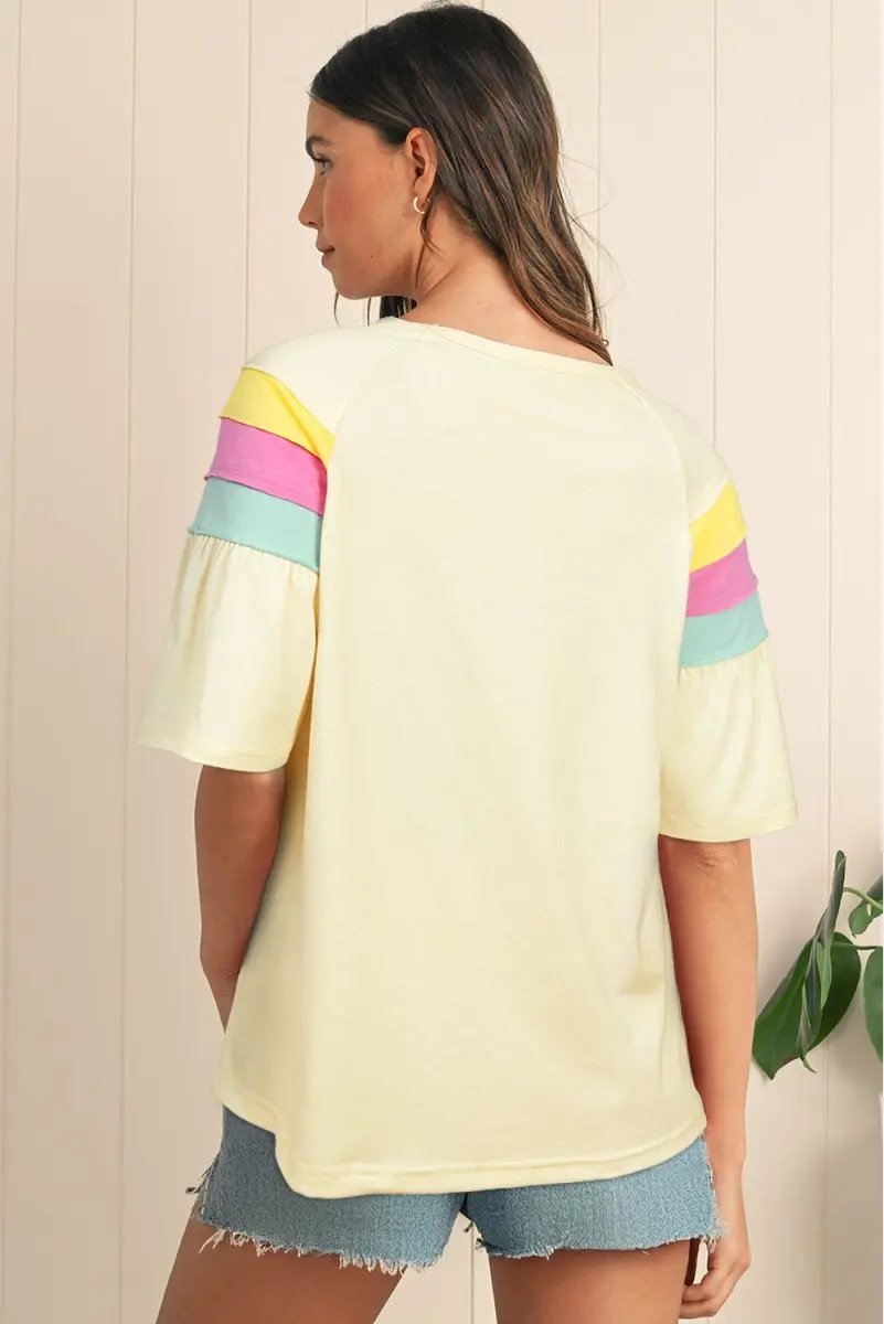 White Color Block Stitched Sleeve Loose T Shirt for Women - Love Salve